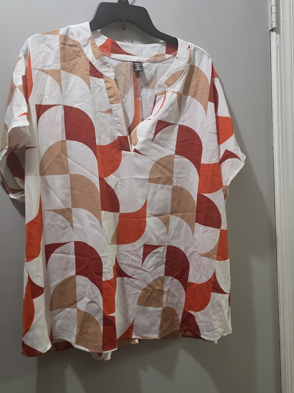 SHEIN White Geometric Split-Neck Blouse with Orange, Terracota Red & Tan Accents